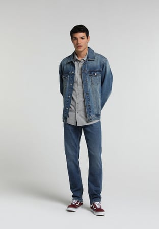 Regular Fit Düğmeli Astarsız  Erkek Mid İndigo Denim Ceket