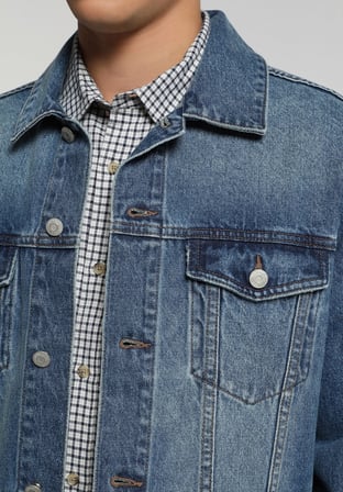 Regular Fit Düğmeli Astarsız  Erkek Mid İndigo Denim Ceket