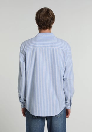 Regular Fit Shirt Neck Çizgili Erkek Mavi Uzun Kol Gömlek