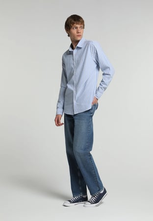 Regular Fit Shirt Neck Çizgili Erkek Mavi Uzun Kol Gömlek