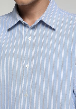 Regular Fit Shirt Neck Çizgili Erkek Mavi Uzun Kol Gömlek