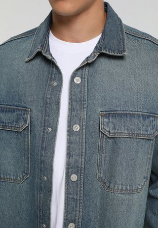 Oversize Fit   Erkek Mid İndigo Denim Shacket