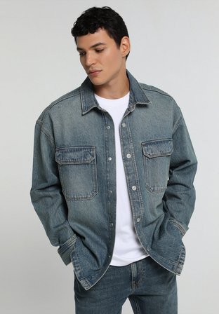Oversize Fit   Erkek Mid İndigo Denim Shacket