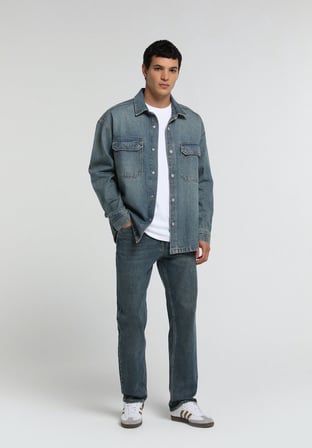 Oversize Fit   Erkek Mid İndigo Denim Shacket