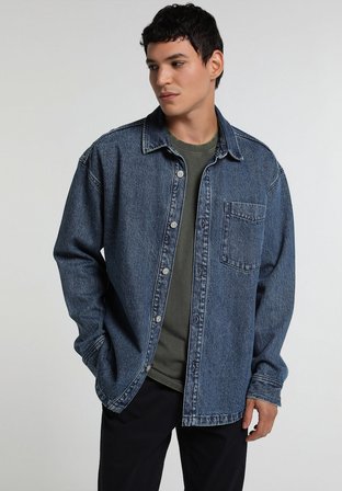 Oversize Fit   Erkek Mid İndigo Denim Shacket