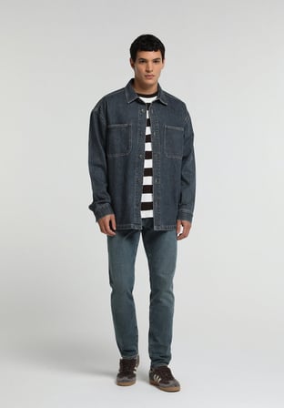 Oversize Fit   Erkek Mid İndigo Denim Shacket