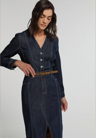 Slim Fit Düz Kadın Dark İndigo Denim Uzun Kol Elbise