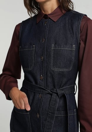 Slim Fit Düz Kadın Dark İndigo Denim Kolsuz Elbise