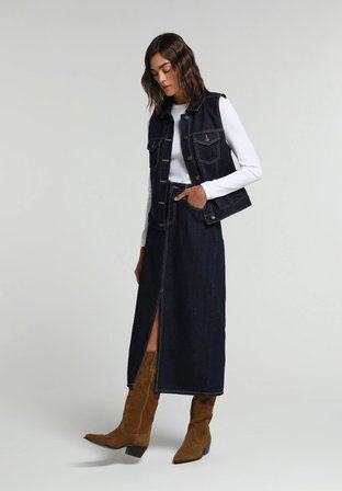 Slim Fit Düz Fermuarlı Kadın Dark İndigo Denim Etek
