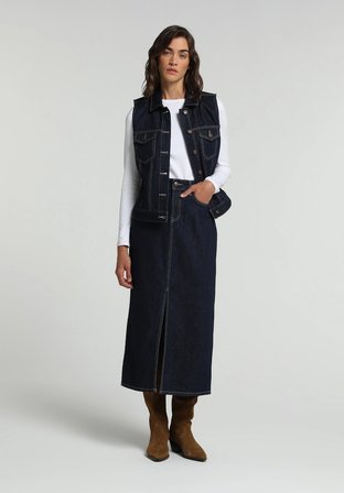 Slim Fit Düz Fermuarlı Kadın Dark İndigo Denim Etek