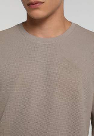 Regular Fit Yuvarlak Yaka Düz Erkek Kahverengi Uzun Kol Tişört