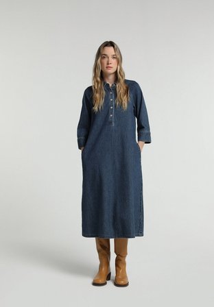 Oversize Fit Düz Kadın Dark İndigo Denim ¾ Kol Elbise