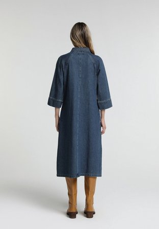 Oversize Fit Düz Kadın Dark İndigo Denim ¾ Kol Elbise
