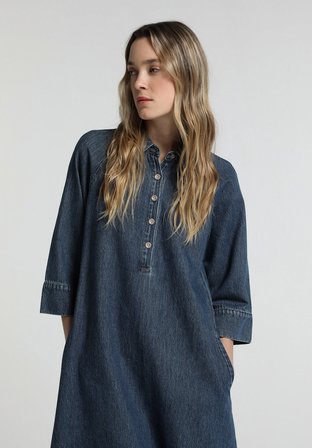 Oversize Fit Düz Kadın Dark İndigo Denim ¾ Kol Elbise