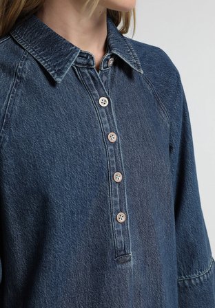 Oversize Fit Düz Kadın Dark İndigo Denim ¾ Kol Elbise