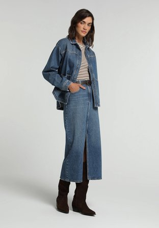 Slim Fit Düz Fermuarlı Kadın Mid İndigo Denim Etek