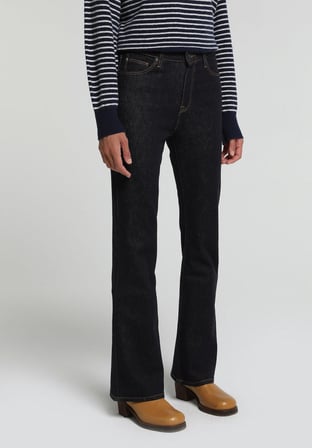 Flare Fit Orta Bel Ispanyol Paça Kadın Dark İndigo Denim Jean Pantolon