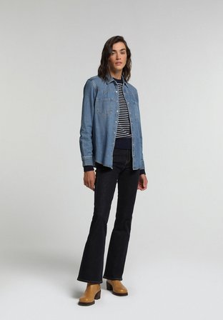 Flare Fit Orta Bel Ispanyol Paça Kadın Dark İndigo Denim Jean Pantolon