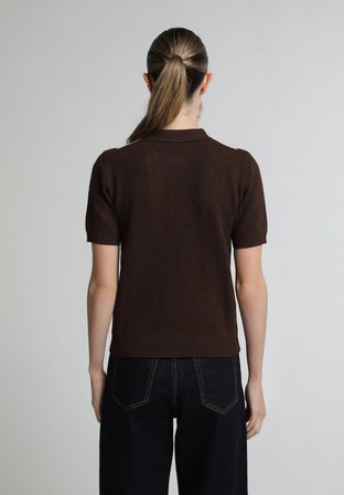 Slim Fit Polo Yaka Jakarlı Kadın Kahverengi Kısa Kol Kazak