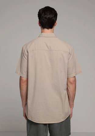 Regular Fit Shirt Neck Düz Erkek Bej Kısa Kol Gömlek