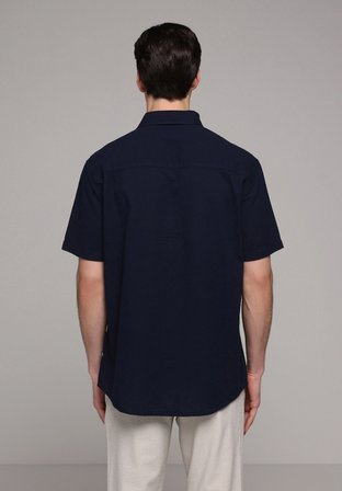 Regular Fit Shirt Neck Düz Erkek Lacivert Kısa Kol Gömlek