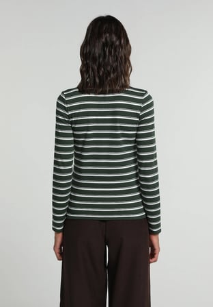 Slim Fit Yuvarlak Yaka Çizgili Kadın Yeşil Uzun Kol Tişört