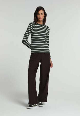 Slim Fit Yuvarlak Yaka Çizgili Kadın Yeşil Uzun Kol Tişört