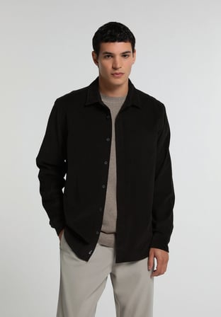 Regular Fit Shirt Neck Düz Erkek Kahverengi Uzun Kol Gömlek