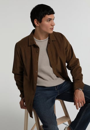 Regular Fit Shirt Neck Düz Erkek Kahverengi Uzun Kol Gömlek