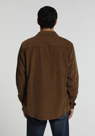 Regular Fit Shirt Neck Düz Erkek Kahverengi Uzun Kol Gömlek