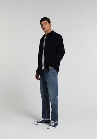 Regular Fit Shirt Neck Düz Erkek Lacivert Uzun Kol Gömlek