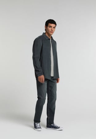 Regular Fit Shirt Neck Düz Erkek Yeşil Uzun Kol Gömlek