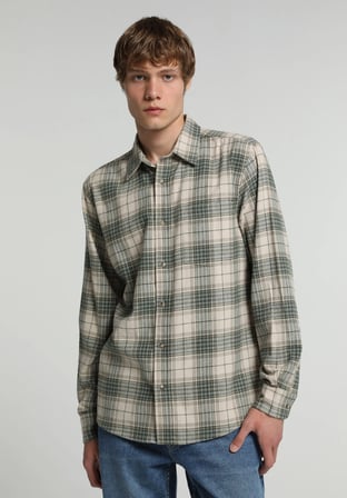 Regular Fit Shirt Neck Ekoseli Erkek Bej Uzun Kol Gömlek