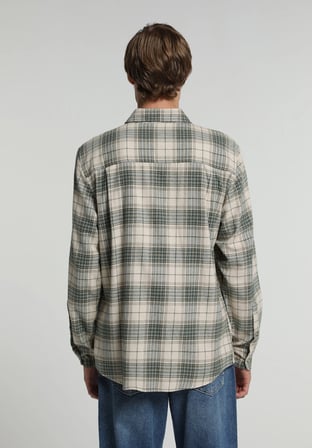 Regular Fit Shirt Neck Ekoseli Erkek Bej Uzun Kol Gömlek