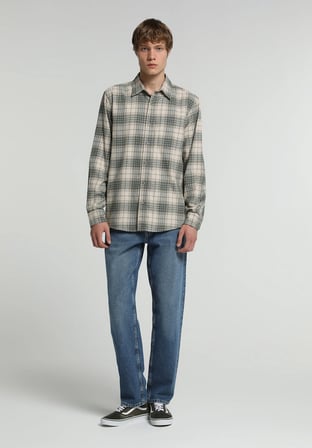Regular Fit Shirt Neck Ekoseli Erkek Bej Uzun Kol Gömlek