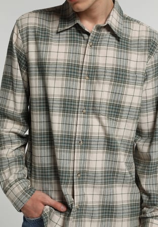 Regular Fit Shirt Neck Ekoseli Erkek Bej Uzun Kol Gömlek