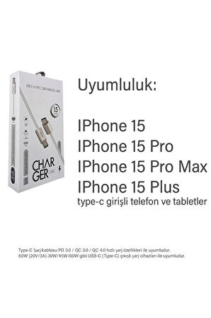 iPhone 15 iPhone 15 Plus iPhone 15 Pro iPhone 15 Pro Max Type-C Şarj Kablosu Hızlı 60W