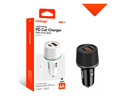 PD Quick Charge 6A/48W 1XUSB-A+USB-C Araç Şarjı PD Lightning Şarj Kablosu LKC-36