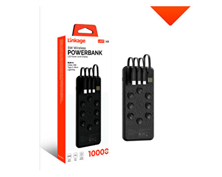 10.000 mAh, 5W, USB, Dahili Type-C, Mikro, Lightning Kablolu, LCD Göstergeli Kablosuz Şarjlı Powerbank LKP-49