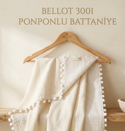 Bellot 3001 Krem Müslin Pike Bebek Battaniyesi - Ponponlu Çift Taraflı
