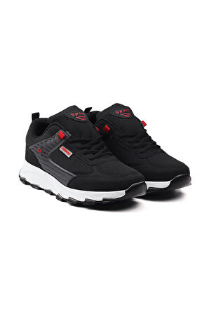 Erkek Siyah Kırmızı Spor Ayakkabı Rahat Yürüyüş Koşu Günlük Sneaker Bağcıklı Hafif Taban