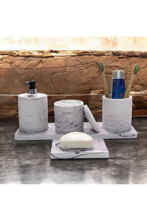 Çizgili Mermer Desenli Beton Banyo Aksesuar Seti (5 Parça)