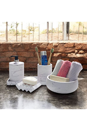 Mermer Desenli Şık Ve Trendy Beton Banyo Aksesuar Seti 5 Parça