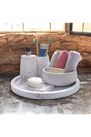 Mermer Detaylarıyla Zenginleştirilmiş Beton Banyo Aksesuar Seti (5 Parça)