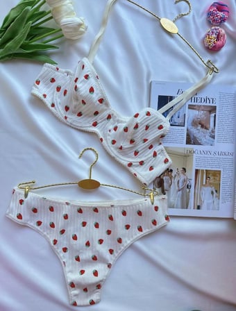 kadın pamuklu çilek desenli balenli bralet alt üst takım