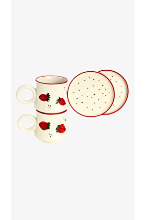 2’li Takım Çilek Desenli  El Yapımı kazan Seramik Kahve Fincanı, Kahve Fincanı