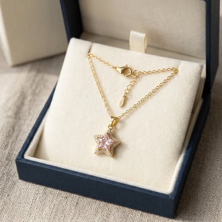 Pembe Taşlı Yıldız Figürlü Altın Renk 316L Çelik Kadın Kolye