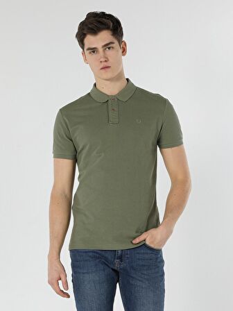 Slim Fit Polo Yaka Erkek Açık Haki Polo Kısa Kol