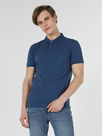 Slim Fit Polo Yaka Erkek İndigo Polo Kısa Kol
