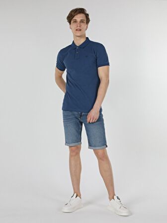 Slim Fit Polo Yaka Erkek İndigo Polo Kısa Kol